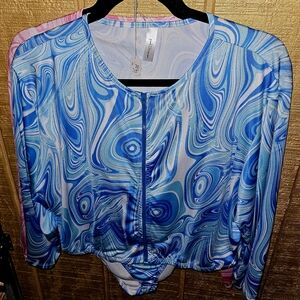 Plus Size Blue Swirl Patterned Swimsuit Set